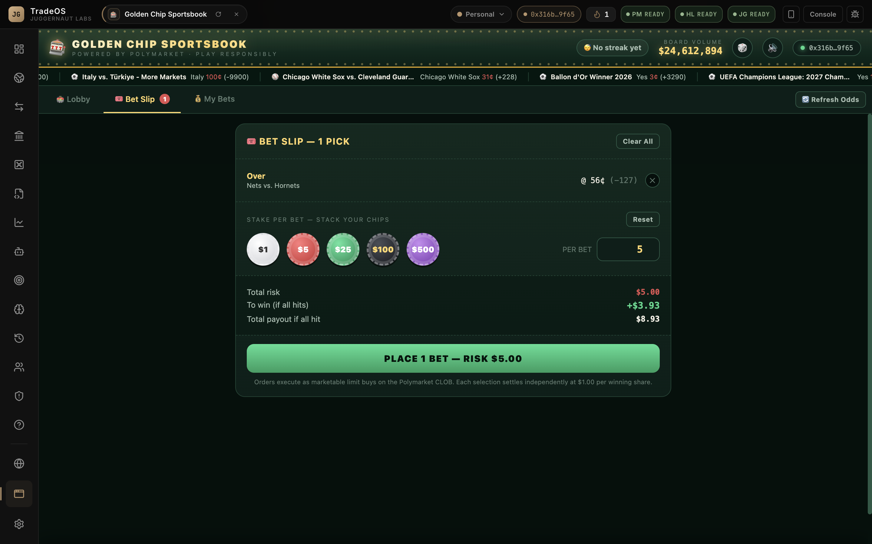 TradeOS Sportsbook screen